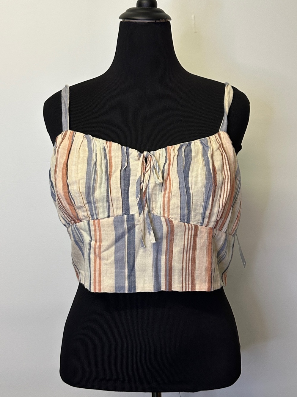 Lucky Striped Tie-Front Crop Cami Top in Blue & Tan